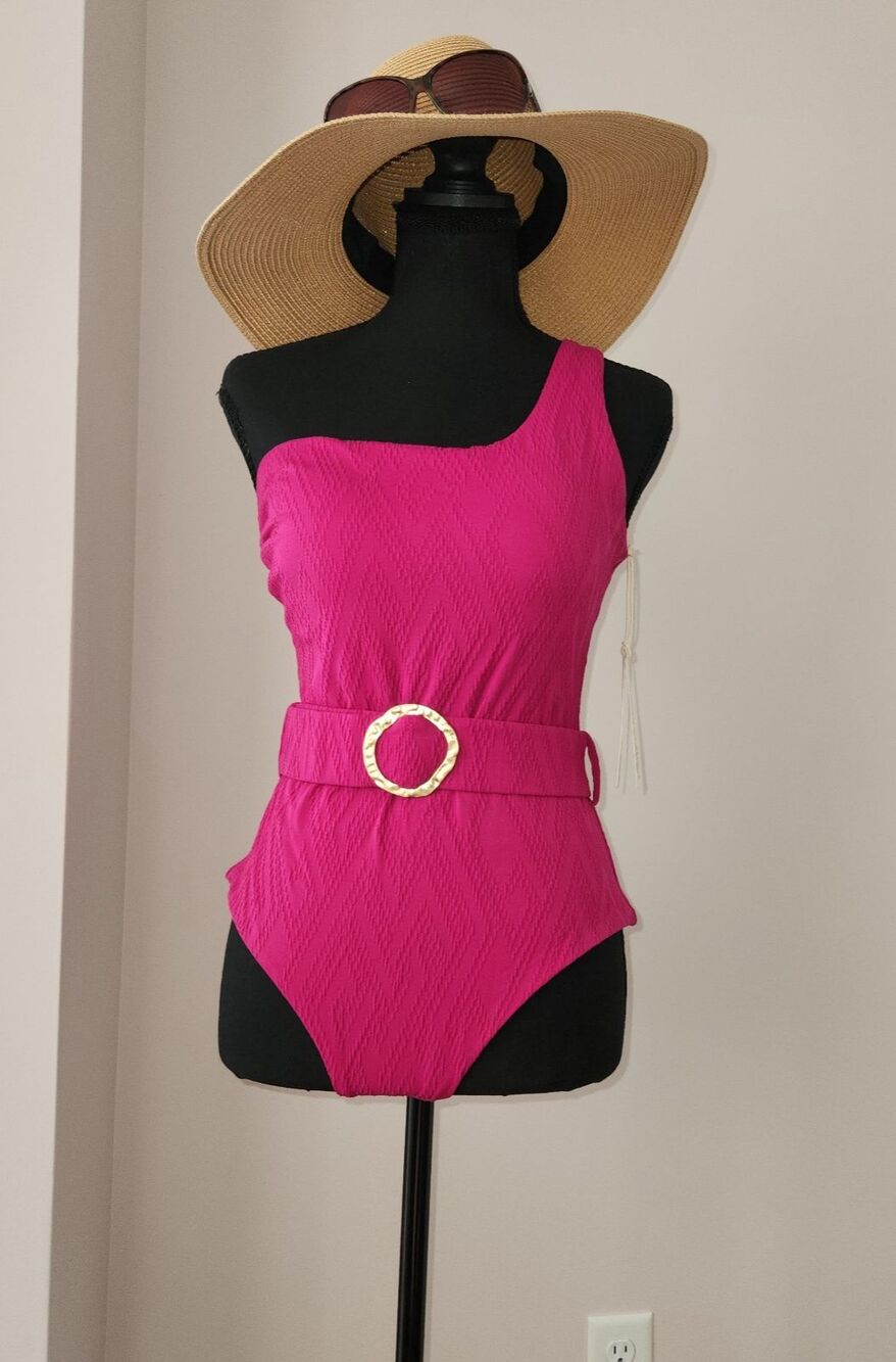 NWT Cosita Linda One Shoulder One Piece Swimsuit Belted Magenta Handmade XL - Picture 2 of 10